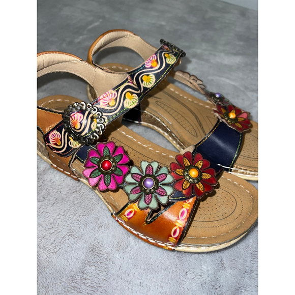 Women's L'ARTISTE Brown Navy Floral Leather Sandals Size 6-36 - Picture 8 of 9